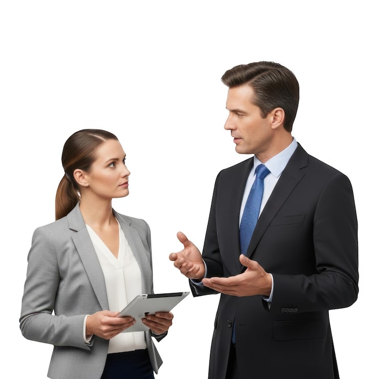 PSD profesionales de negocios conversando con una tablet