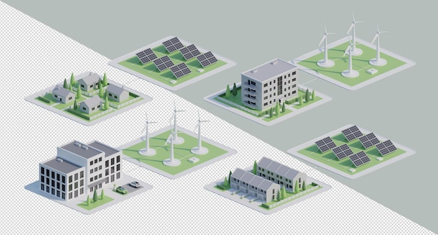 PSD render 3d degli edifici con pannelli solari e turbine eoliche isometrici