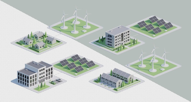 PSD render 3d degli edifici con pannelli solari e turbine eoliche isometrici