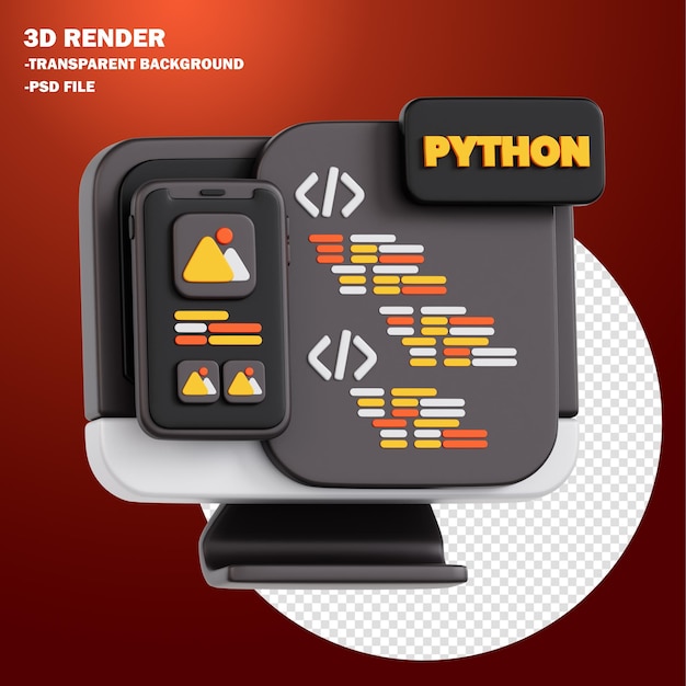 PSD rendu 3d du concept de programmation python et de développement d'applications mobiles.