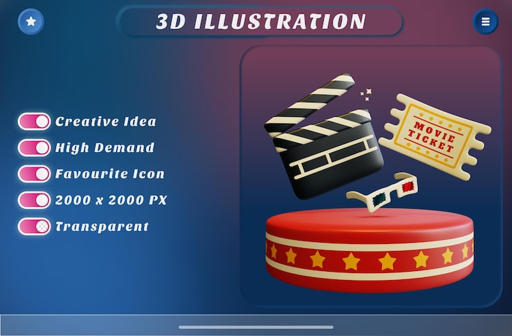 PSD representación 3d gafas 3d con entrada de cine y portapapeles