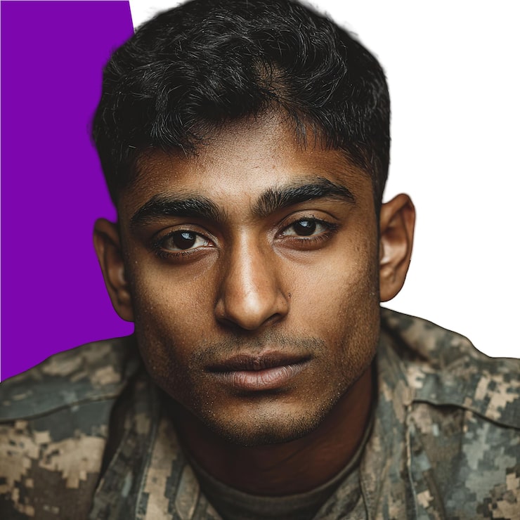 PSD retrato intenso de un joven con uniforme de camuflaje