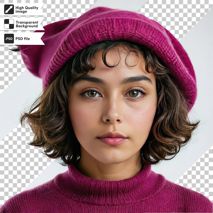 PSD retrato psd de una mujer con gorra de invierno en fondo transparente con capa de máscara editable