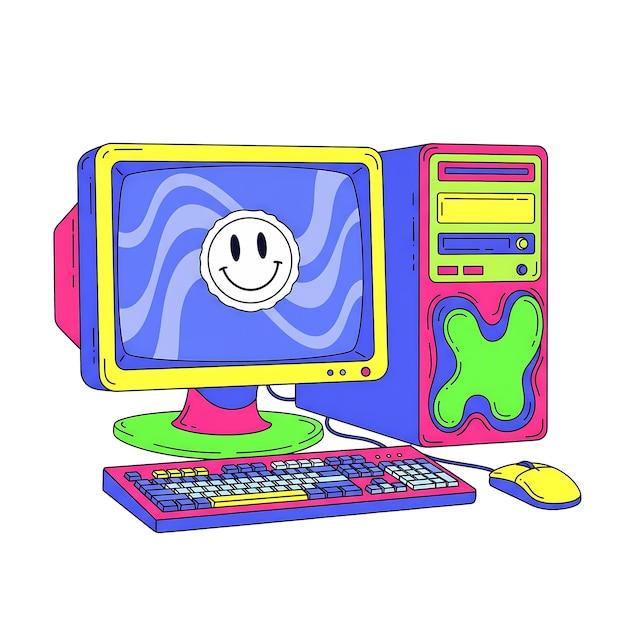 PSD retro-computer mit smiley-gesicht auf dem bildschirm