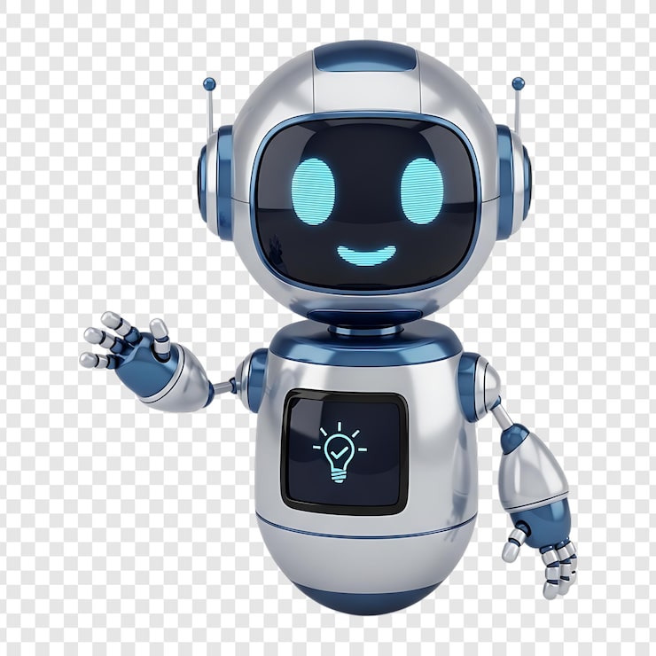 PSD robot ai amichevole che saluta con icona idea visualizzata