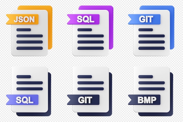 PSD sada 3d ikon typů formátů souborů json sql git bmp