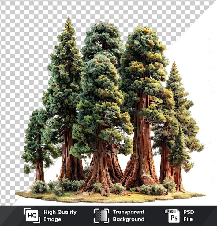 PSD sfondio trasparente psd di sequoie giganti isolate con alberi verdi e marroni cielo bianco
