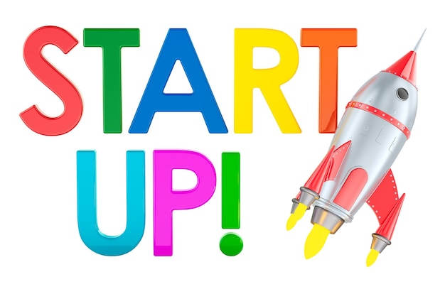 PSD start up con cohete en renderizado 3d