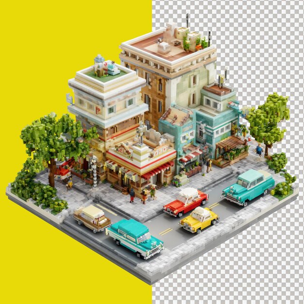 PSD strada cittadina isometrica con auto d'epoca ed edifici.