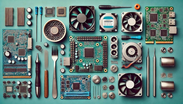 PSD technologie-hardware-layout auf teal-hintergrund