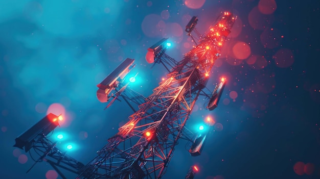 PSD torre de comunicación iluminada por la noche en ángulo bajo