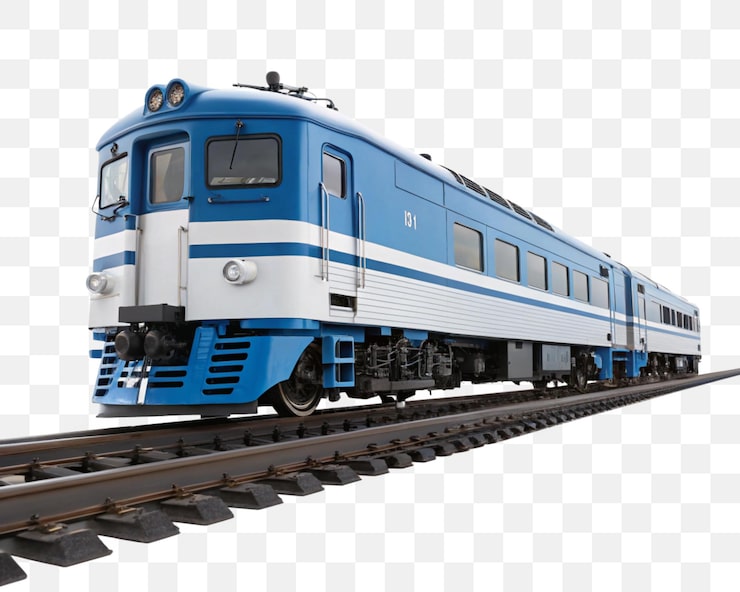 PSD un train de passagers bleu et blanc sur des voies isolées sur un fond blanc