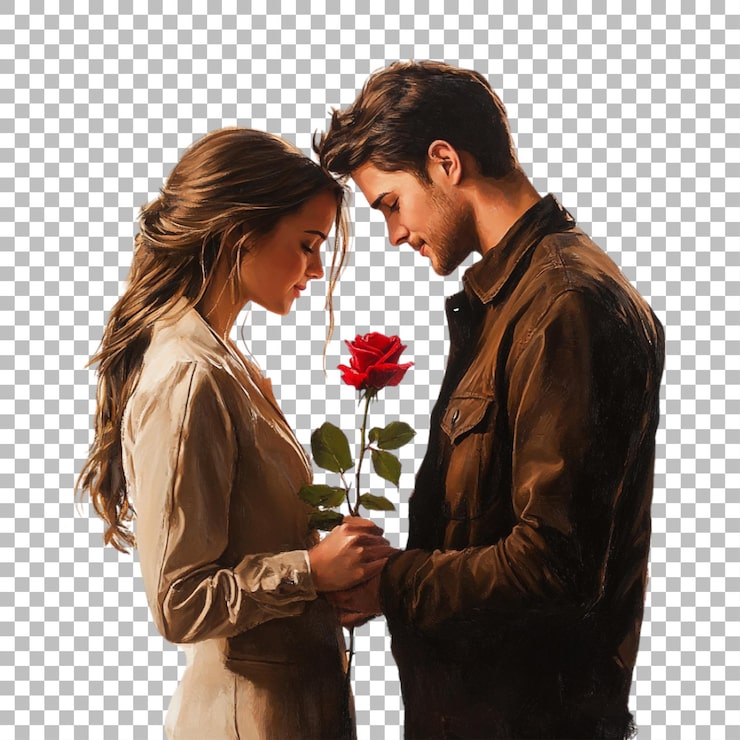 PSD transparentes oder png-bild eines paares, das sich gegenseitig eine rose schenkt