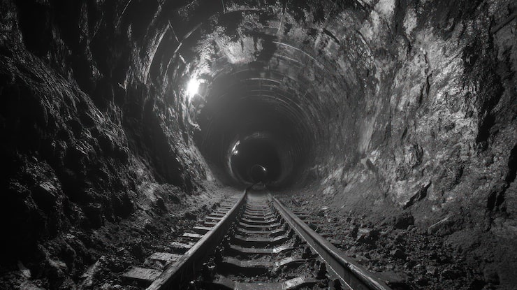 PSD un túnel oscuro y estrecho con una sola vía de ferrocarril que se extiende a una luz distante