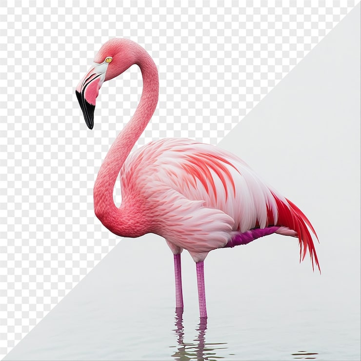 PSD um flamingo rosa com um bico preto está na água