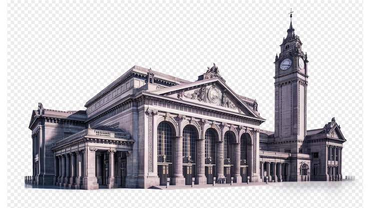 PSD um grande edifício com um relógio na frente e as palavras estação na frente