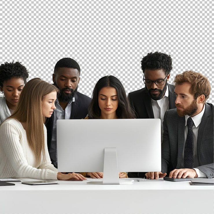 PSD um grupo de pessoas está trabalhando em um computador com a palavra im nele