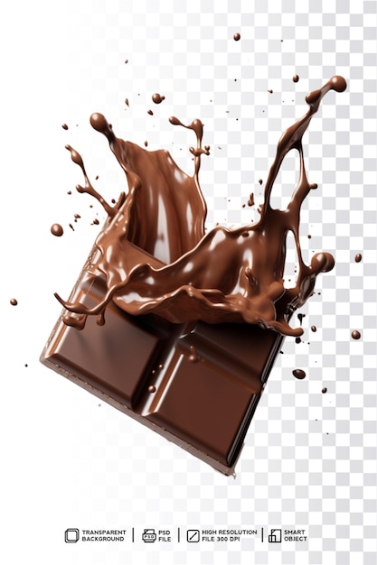 PSD um pedaço de chocolate com um toque de chocolate e salpicos de chocolate