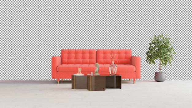 PSD um sofá vermelho e uma mesa numa sala.
