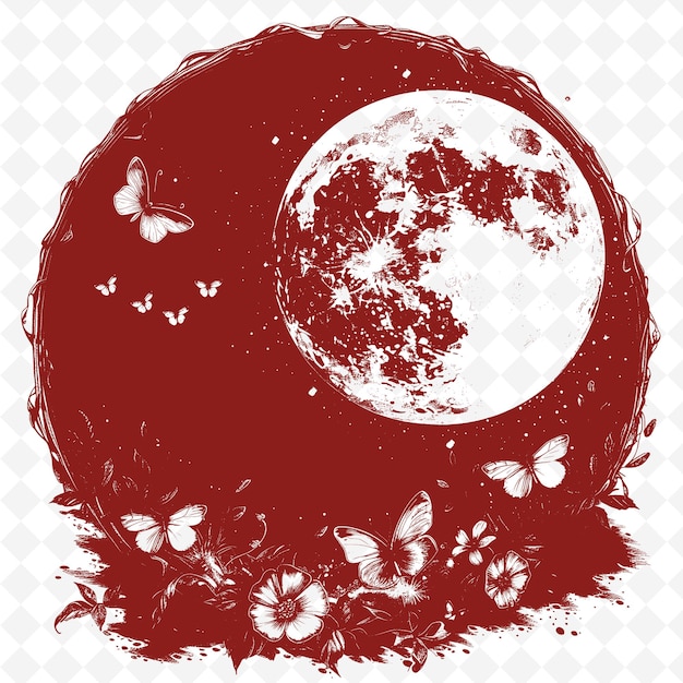 PSD uma lua vermelha com borboletas e uma lua vermelha