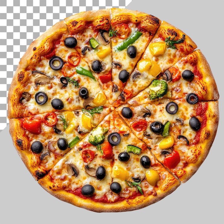 PSD una pizza con funghi di prosciutto e fette di pomodoro in cima centrata su un piatto di legno isolato contro uno sfondo trasparente