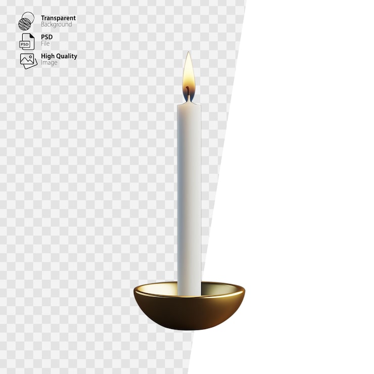 PSD vela transparente encendida en un soporte de bronce aislado en un fondo transparente que simboliza la simplicidad y la tradición