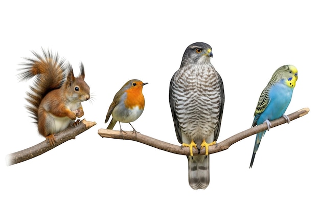PSD vier vögel und ein eichhörnchen auf einem ast