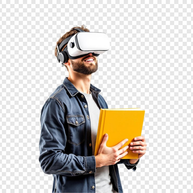 PSD virtuální realita ve vzdělávání: muž s vr headsetem a knihou