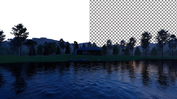 PSD vista do lago entre montanhas e florestas png fundo transparente renderização 3d