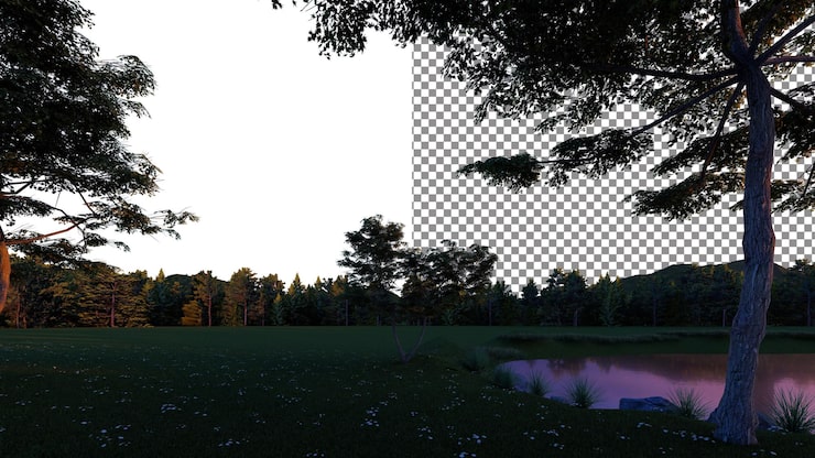 PSD vista do lago entre montanhas e florestas png fundo transparente renderização 3d