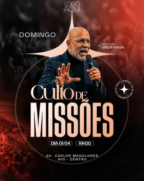 PSD volante de evento de servicio misionero con el pastor carlos souza