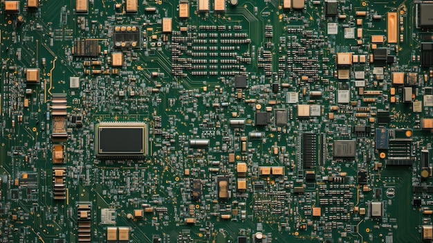 PSD vue rapprochée d'une carte de circuit vert complexe avec divers composants électroniques