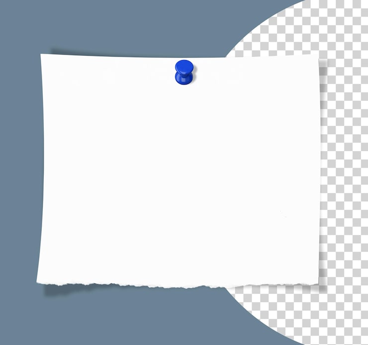 PSD weißer notizzettel mit blauer pinnnadel, isoliert auf transparentem hintergrund.