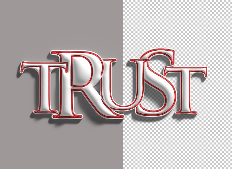 Zdarma PSD 3d nápis „trust“, typografický 3d ilustrační design