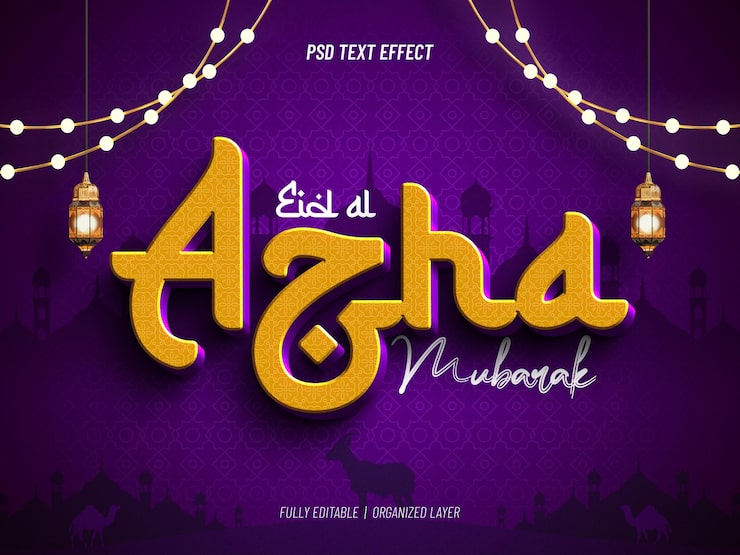 Zdarma PSD 3d textový efekt eid al azha mubarak