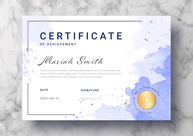 Zdarma PSD krásná šablona certifikátu s akvarelovými cákanci