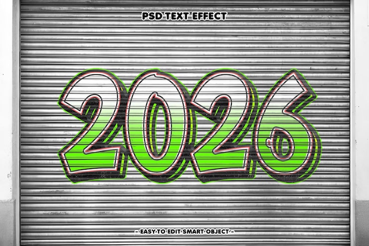 Zdarma PSD šťastný nový rok 2026 graffiti upravitelný textový efekt