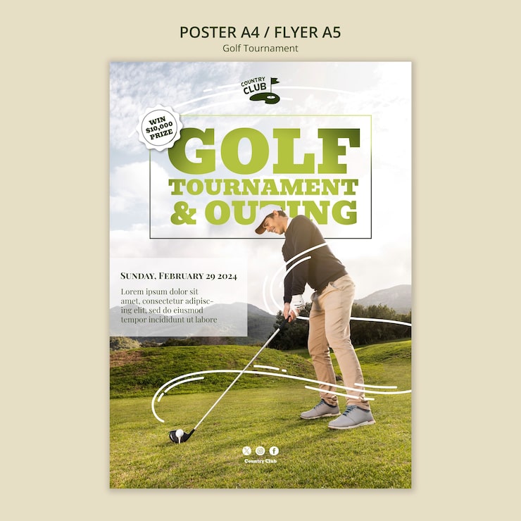 Ücretsiz PSD golf turnuvası poster şablonu