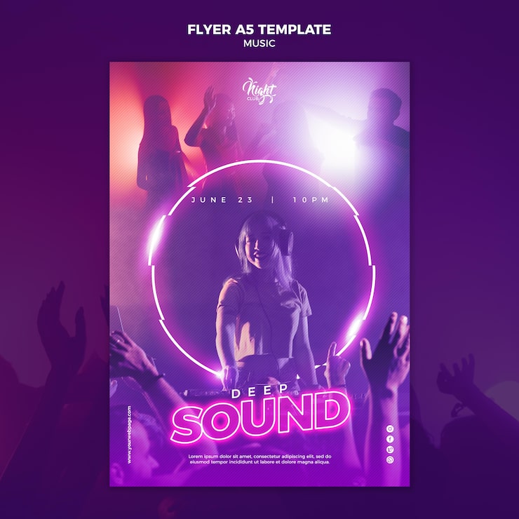 Ücretsiz PSD kadın dj'li elektronik müzik için neon el ilanı şablonu