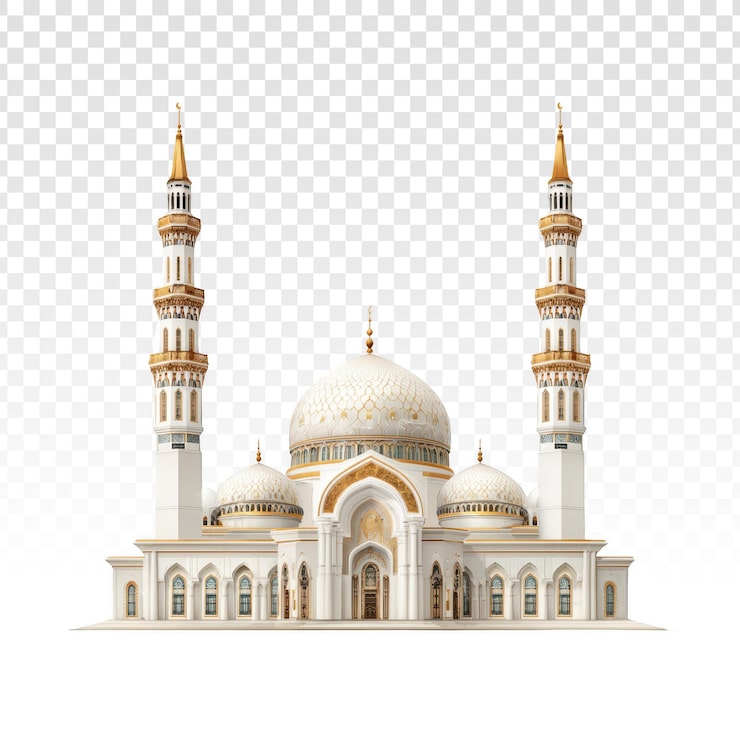 Ücretsiz PSD şeffaf arka plan üzerinde minareli ve kubbeli beyaz ve altın cami