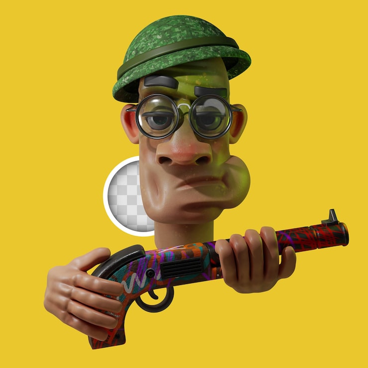 Ücretsiz PSD silahlı askeri karikatür 3d render