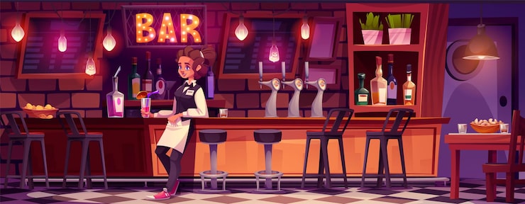 Ücretsiz Vektör bardağa yakın duran garson ile pub içi