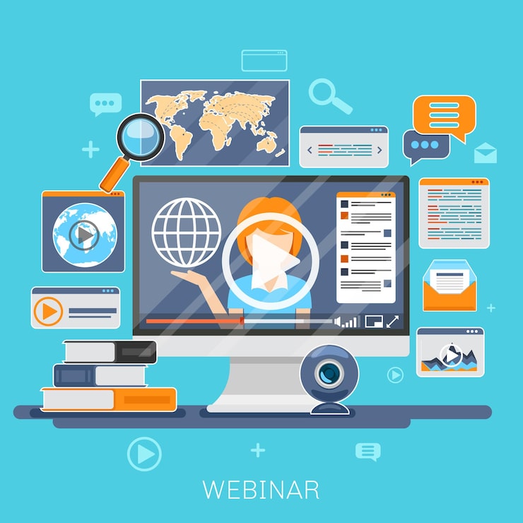 Ücretsiz Vektör web semineri konsepti. çevrimiçi eğitim, e-eğitim, internet öğrenimi, web semineri illüstrasyonu