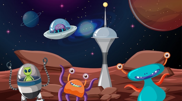 Vecteur gratuit alien dans la scène spatiale