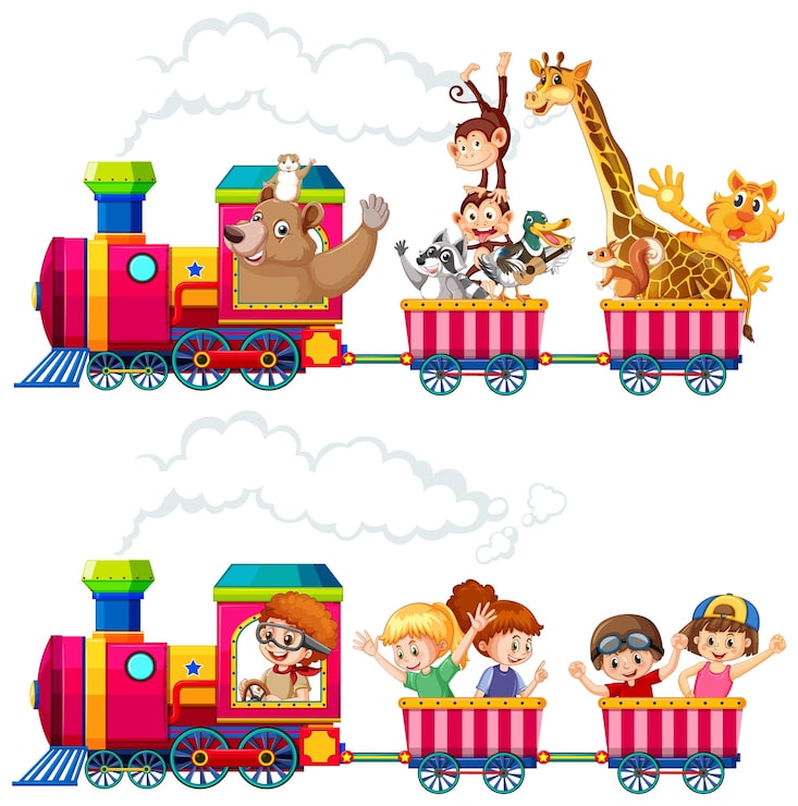 Vecteur gratuit les animaux dans une aventure en train