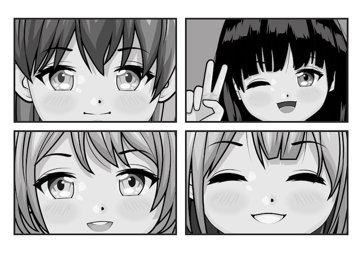 Vecteur gratuit anime monochrome de quatre filles