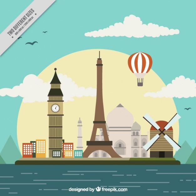 Vecteur gratuit arrière-plan avec différents monuments internationaux dans le style plat