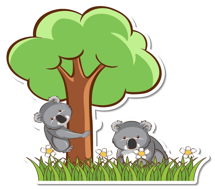 Vecteur gratuit autocollant maman et bébé koala debout dans un champ d'herbe