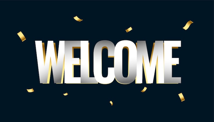 Vecteur gratuit bannière de lettrage de bienvenue de style 3d avec décoration de confettis dorés