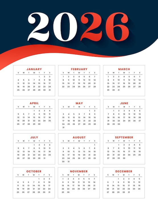 Vecteur gratuit calendrier 2026 pleine page de style ondulé